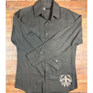 Level Ten Mens Grey Graphic Button Down Shirt Double Headed Eagle Y2K Medium